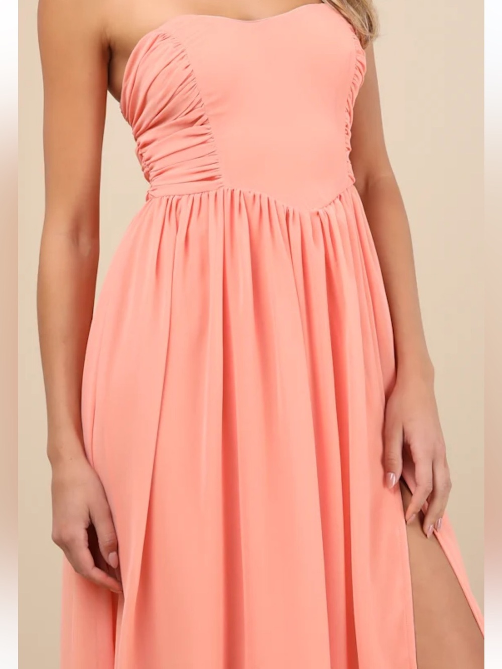Lulus Luxe Favorite Peach Pink Strapless Ruched Maxi Dress Size M NWT - Picture 4 of 14